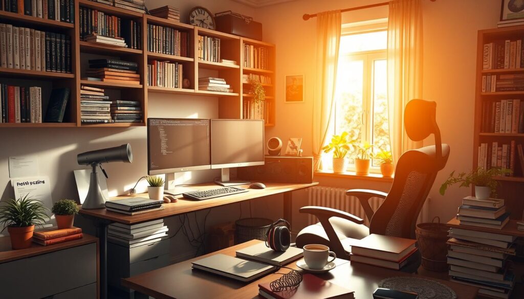 A cozy home office with a large desk, a comfortable ergonomic chair, and a sleek computer setup. Warm afternoon sunlight streams in through a nearby window, casting a soft glow on the workspace. Scattered around the desk are reference books, a few potted plants, and a cup of freshly brewed coffee. The walls are lined with bookshelves filled with technical manuals and programming guides. A pair of noise-cancelling headphones rests on the desk, ready to block out distractions and aid in deep, focused work. The atmosphere is serene and conducive to sustained, high-intensity mental effort.