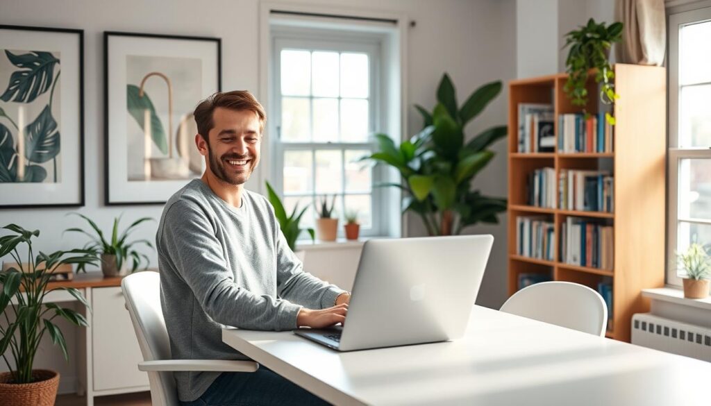 A cozy, well-lit home office with a remote worker sitting at a modern, minimalist desk, happily typing on a laptop. The worker appears relaxed and focused, with a warm smile on their face. Soft, natural lighting filters in through large windows, casting a gentle glow on the scene. The background features framed artwork, lush indoor plants, and a bookshelf filled with titles reflecting the worker's diverse interests. The overall atmosphere exudes a sense of contentment, productivity, and work-life balance.