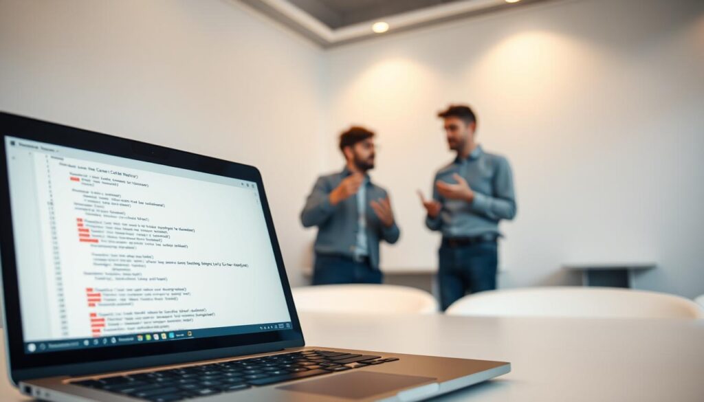 A crisp, well-lit scene of a code review process. In the foreground, a laptop screen displays code with comments and suggestions from reviewers, conveying a thoughtful, collaborative atmosphere. In the middle ground, two developers engaged in animated discussion, gesturing towards the screen, their body language suggesting an open, constructive dialogue. The background features a minimalist office setting, with clean lines and subtle, warm lighting, creating a focused, professional ambiance. The overall composition emphasizes the importance of the code review process, with attention to detail, open communication, and a shared commitment to delivering high-quality code.