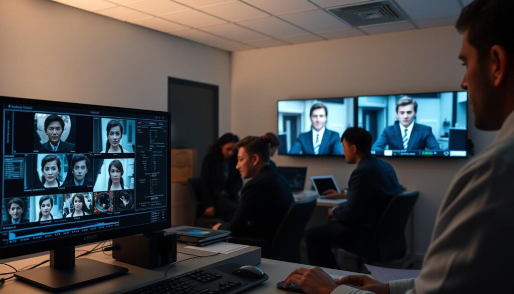 A digital forensics lab, bathed in a soft, ambient light. In the foreground, a computer screen displays various visual cues and analysis tools for detecting deepfake video manipulation, such as facial inconsistencies, lip sync issues, and distortions in the audio waveform. The middle ground features a team of analysts meticulously examining the footage, their expressions one of focused concentration. In the background, a wall-mounted display shows a side-by-side comparison of the original and the suspected deepfake video, highlighting the discrepancies. The overall scene conveys a sense of diligence, innovation, and the importance of uncovering the truth in an age of digital deception.