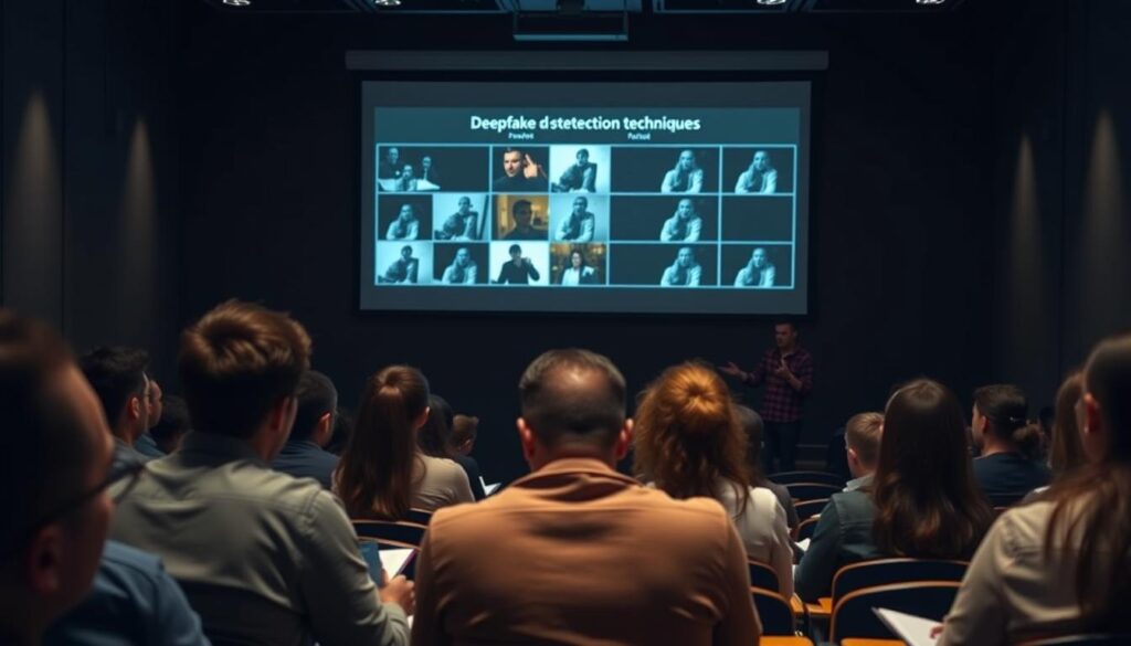 A dimly lit classroom setting, with a projection screen at the front displaying a variety of deepfake detection techniques. In the foreground, a group of attentive students intently focused on the screen, taking notes. The middle ground features a thoughtful-looking instructor, gesturing towards the presentation, creating an atmosphere of engaged learning. The background is softly blurred, with subtle lighting highlighting the seriousness of the topic at hand. The overall mood is one of heightened awareness and the importance of understanding deepfake identification methods.
