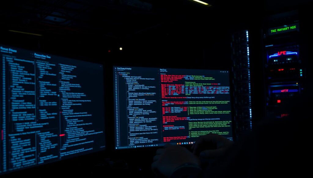 A dimly lit computer server room, the faint glow of monitors casting a soft light. In the foreground, a high-end workstation displays a complex database schema, tables and queries interlinking across multiple platforms - SQL, MySQL, PostgreSQL, SQLite. A developer's hands deftly navigate the code, optimizing the SELECT, INSERT, UPDATE, and DELETE statements, finding the most efficient JOIN and INNER JOIN strategies. The background reveals a network of cables, blinking lights, and the steady hum of hard drives, symbolizing the cross-platform data ecosystem. The atmosphere is one of focused intensity, as the developer strives to unlock the secrets of effective data manipulation.