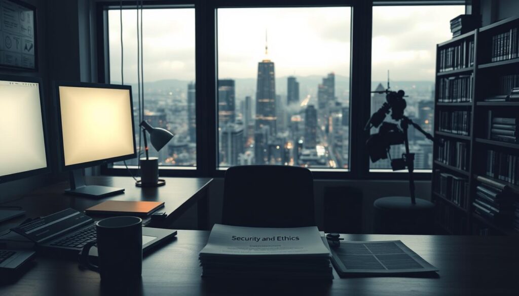 A dimly lit corporate office, illuminated by the soft glow of computer screens. In the foreground, a desk adorned with a laptop, coffee mug, and a stack of documents labeled "Security and Ethics". The middle ground features a large window overlooking a bustling cityscape, casting an ominous shadow across the room. In the background, a bookshelf filled with volumes on AI, cybersecurity, and business strategy. The overall atmosphere conveys a sense of contemplation and unease, as if the occupant is grappling with the complex challenges of balancing innovation, productivity, and ethical responsibilities in the age of AI.