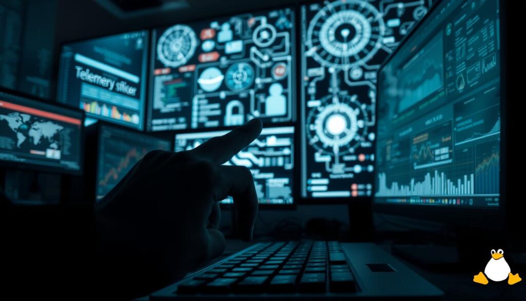 A dimly lit office environment, the glow of multiple computer screens casting an eerie light. In the foreground, a hand hovers over a keyboard, fingers poised to input sensitive data. Shadows loom, hinting at the unseen forces that may be monitoring this activity. In the background, a complex web of data visualizations, graphs, and diagrams convey the intricate and often opaque nature of telemetry systems. The atmosphere is one of unease and uncertainty, as the user grapples with the privacy implications of the technology they rely on. Subtle hints of the Linux operating system and its open-source philosophy contrast with the looming concerns about data privacy and security.