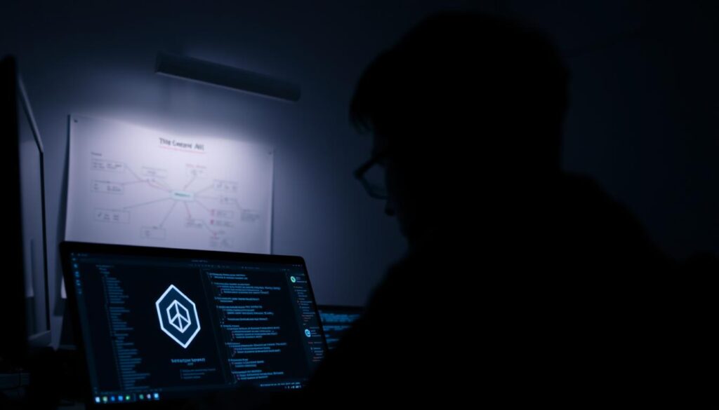 A dimly lit office space, with a developer intently focused on a laptop screen. In the foreground, the laptop displays lines of code and an OpenAI logo, signifying the development of a chatbot. The developer's face is illuminated by the glow of the screen, capturing their deep concentration. In the middle ground, a whiteboard displays a mind map with ideas and brainstorming for the chatbot's personality and purpose. The background is hazy, with a sense of contemplation and problem-solving permeating the scene. The overall atmosphere is one of thoughtful exploration, as the developer navigates the creative process of designing an engaging and purposeful AI assistant.