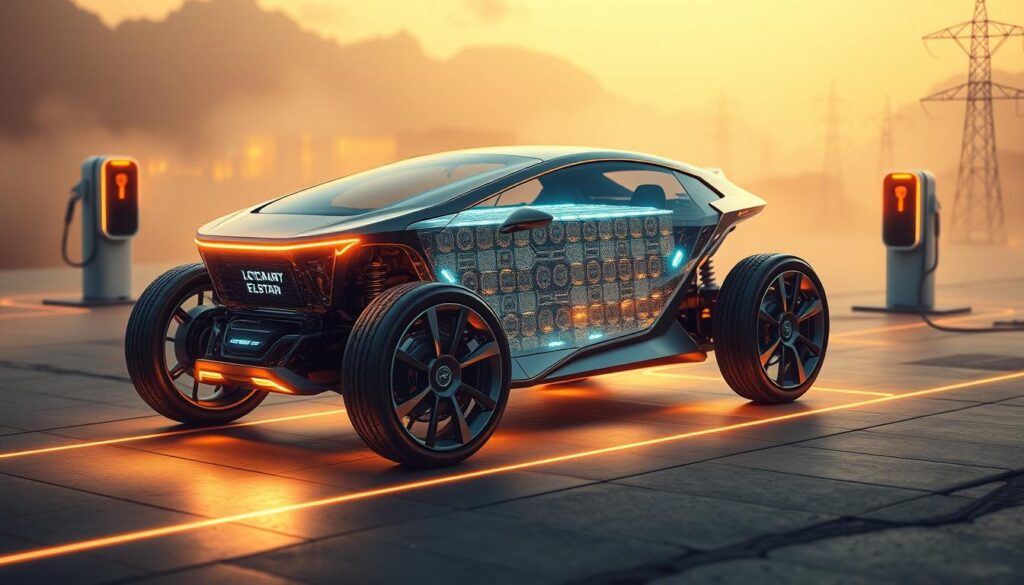 A futuristic electric vehicle, sleek and gleaming, its chassis seemingly infused with the power of next-generation solid-state batteries. The battery pack, encased in a transparent shell, showcases its cutting-edge design – a complex matrix of interconnected cells, pulsing with energy. Surrounding the vehicle, a techno-inspired landscape unfolds, with charging stations and power grids hinting at a sustainable, fast-charging infrastructure. Warm, diffused lighting casts a glow over the scene, creating an atmosphere of innovation and eco-friendly progress. The overall composition conveys a sense of dynamism and technological advancement, reflecting the promise of these new battery technologies within the realm of electric mobility.