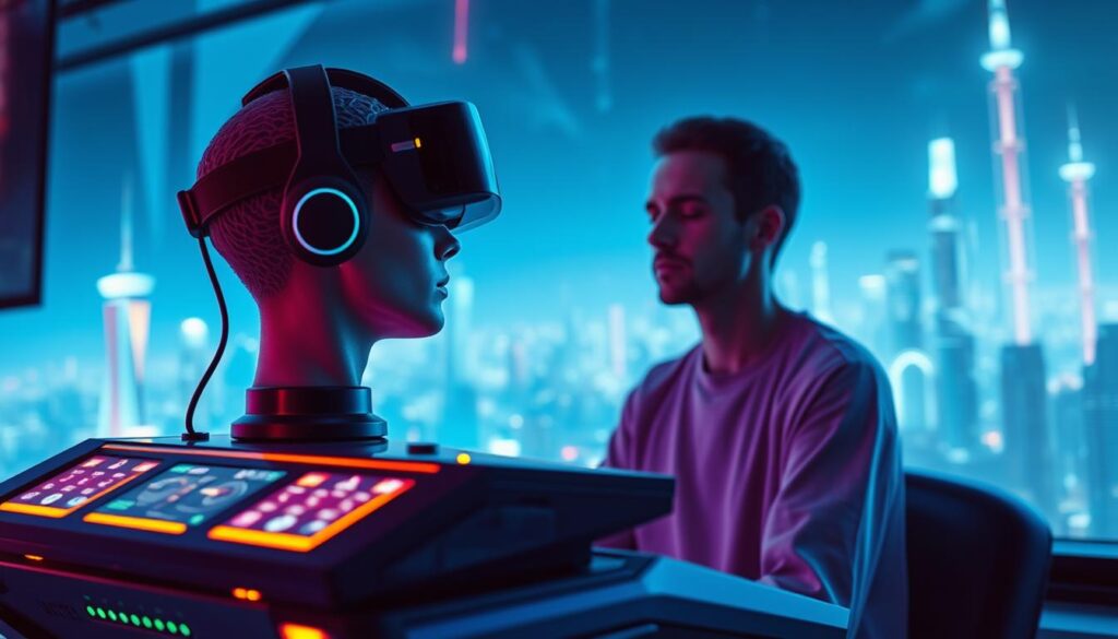 A futuristic gaming setup with a neural interface headset, allowing the user to control the game with their mind. In the foreground, a sleek, high-tech gaming console with glowing interfaces and a virtual reality headset resting on top. In the middle ground, the player is immersed in the game, their eyes closed as they concentrate, their brain waves being translated into precise in-game actions. In the background, a panoramic view of a neon-lit, cyberpunk cityscape, hinting at the integration of neural technology in everyday life. The scene is bathed in a cool, blue-tinted lighting, creating a sense of technological wonder and immersion.
