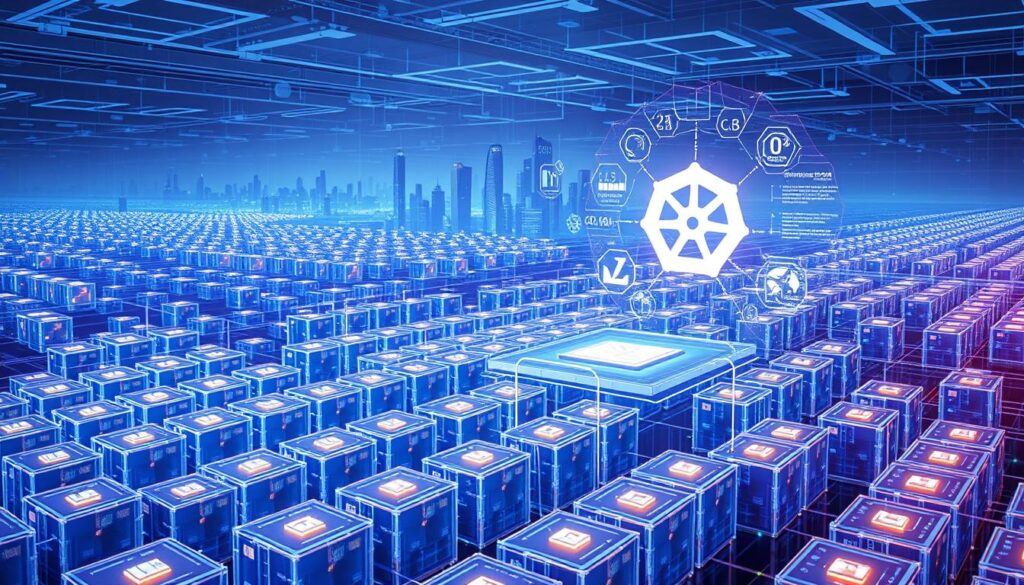 A futuristic landscape of interconnected Kubernetes pods, each representing a microservice, dynamically scaling up and down to meet fluctuating demand. The foreground showcases a grid of glowing, translucent containers, their size and number adapting in real-time to handle the workload. In the middle ground, a holographic control panel displays performance metrics and orchestration algorithms, while in the background, a cityscape of towering data centers underpins the infrastructure. The scene is bathed in a cool, blue-tinted lighting, conveying the efficiency and precision of this distributed computing system.