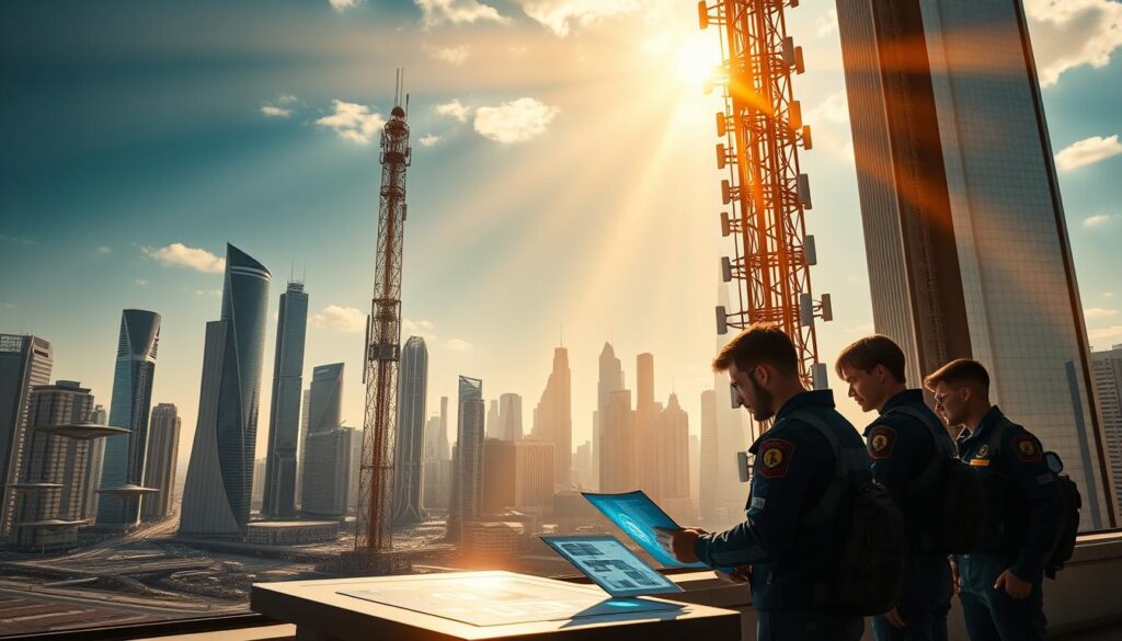 A gleaming 6G antenna array stands tall and proud, surrounded by a futuristic cityscape of soaring skyscrapers and hovering vehicles. In the foreground, a group of engineers in sleek, high-tech uniforms pore over schematics and holographic displays, meticulously calibrating the system. Rays of warm, golden light filter through the windows, casting a sense of anticipation and innovation. The atmosphere is one of unbridled enthusiasm and determination as they prepare to unlock the next era of hyperconnectivity, ushering in a world of seamless communication, intelligent automation, and boundless technological possibilities.
