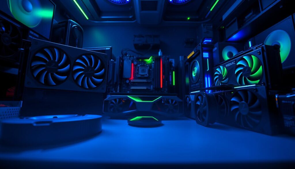 A high-angle shot of a gaming PC workstation, illuminated by cool blue and green hues. In the foreground, the latest flagship gaming GPUs from NVIDIA, AMD, and Intel are prominently displayed, their intricate heatsinks and fans casting dramatic shadows. The middle ground features various PC components like motherboards, CPUs, and RAM, arranged in a visually striking composition. The background is a dimly lit, futuristic-looking environment, hinting at the technological advancements powering the next generation of gaming hardware.
