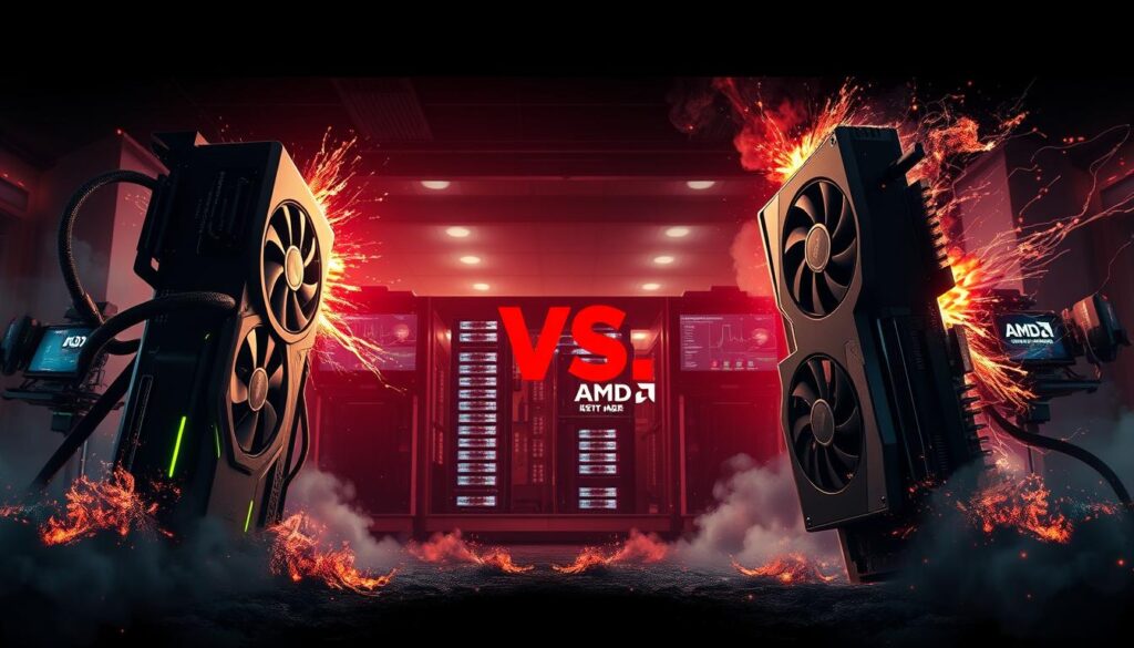 A high-contrast, cinematic scene of the fierce GPU market competition between NVIDIA and AMD. In the foreground, towering GPU models engage in an intense battle, their circuits sparking and fans whirring. The middle ground reveals a backdrop of data centers, research labs, and gaming rigs, symbolizing the diverse battlegrounds of AI, gaming, and price. Dramatic lighting casts dramatic shadows, heightening the sense of rivalry and technological one-upmanship. The overall atmosphere conveys the relentless, high-stakes nature of the GPU war, as the two industry titans fight for supremacy in a rapidly evolving landscape.