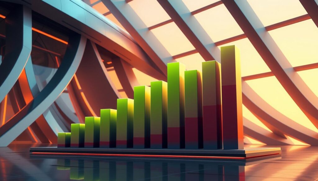 A high-resolution illustration of the GPU market share dynamics, featuring a three-dimensional bar chart depicting the relative market shares of leading GPU manufacturers such as NVIDIA and AMD. The chart is presented against a backdrop of sleek, futuristic architectural elements, with a warm, ambient lighting that casts subtle shadows and highlights the contours of the data visualization. The overall composition conveys a sense of technological progress, competitiveness, and the ongoing battle for market dominance in the GPU landscape.