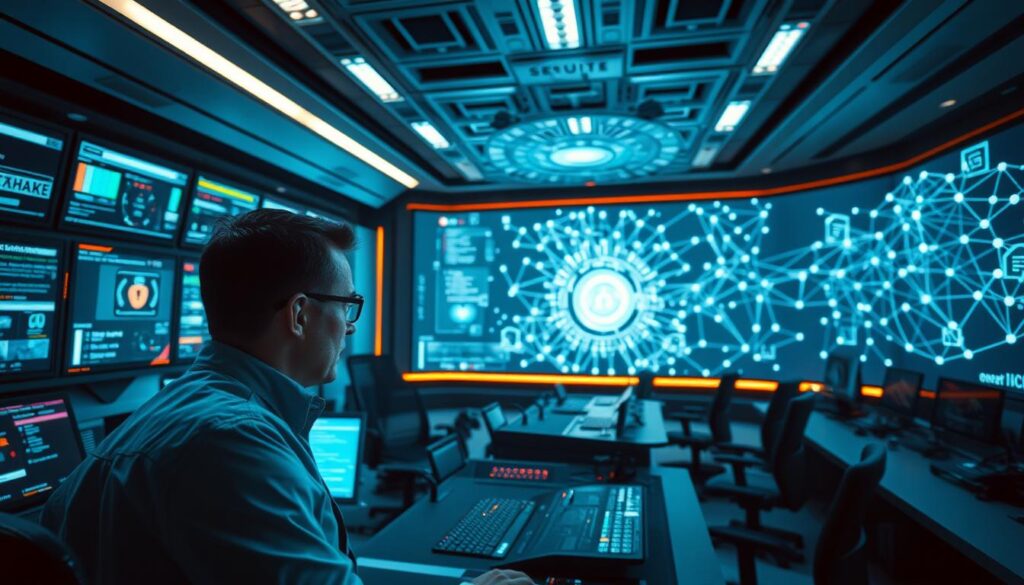 A high-tech control room with sleek, futuristic interfaces and holographic displays. In the foreground, a security analyst diligently monitors real-time threat data, their face illuminated by the glow of the screens. The middle ground features a large central console with various input devices and status indicators, conveying a sense of active security automation. In the background, a vast network topology is projected onto the walls, visualizing the secure and interconnected DevOps infrastructure. The lighting is cool and clinical, creating an atmosphere of precision and vigilance. The camera angle is slightly elevated, giving a commanding view of the security operations center.