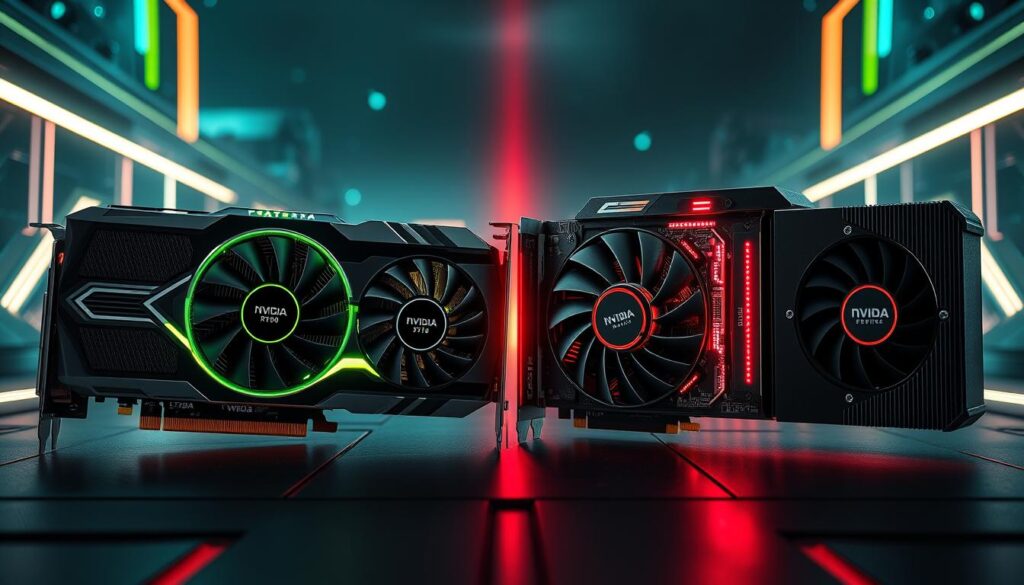 A high-tech showdown between the cutting-edge NVIDIA RTX4090 gaming GPU and the powerful H100 AI-focused accelerator. Set against a backdrop of a sleek, futuristic tech landscape, the two GPUs are positioned in an intense side-by-side comparison, their intricate heatsinks and circuits illuminated by a dramatic lighting scheme that accentuates their technological prowess. The scene conveys a sense of innovation and technological advancement, hinting at the ongoing evolution of NVIDIA's product lineup and the shifting priorities between gaming and AI. The overall mood is one of technical sophistication and the anticipation of what's to come in the world of GPU technology.
