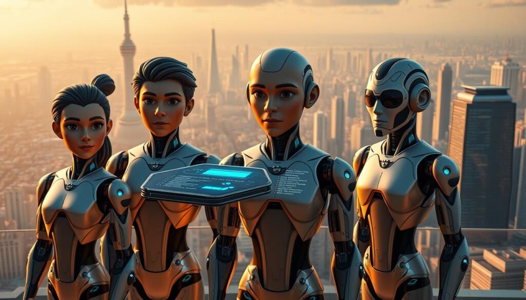 A highly detailed and cinematic scene showcasing the top AI coding assistants of 2025. In the foreground, a group of four digital avatars, each possessing a distinct personality and skillset, stand confidently against a backdrop of futuristic cityscapes. The avatars are rendered with photorealistic clarity, their expressive features and gestures conveying a sense of intelligence and capability. In the middle ground, holographic displays showcase the assistants' abilities, from automated code generation to real-time debugging and optimization. Sleek, hovering interfaces and glowing data streams suggest the advanced, seamless integration of these AI tools with the modern developer's workflow. The background is a panoramic vista of a gleaming, high-tech metropolis, its towering skyscrapers and sprawling infrastructure hinting at the transformative impact of these intelligent coding assistants on the future of software development. Warm, diffused lighting and a subtle chromatic palette lend an air of