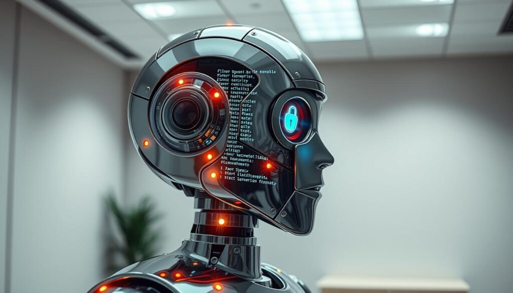 A highly secure AI chatbot stands vigilant, its circuits imbued with intricate safeguards. Sleek, chrome-plated exterior reflects the warm glow of LED indicators, while a discreet camera lens surveys the virtual landscape. Cascading lines of code dance across a translucent display, signaling the bot's tireless efforts to uphold ethical principles and safeguard user privacy. In the background, a minimalist office setting with clean lines and muted tones provides a calming, professional atmosphere. Diffused lighting casts a subtle, reassuring glow, evoking a sense of trust and technological prowess. The overall scene conveys the bot's unwavering commitment to security and responsible AI development.
