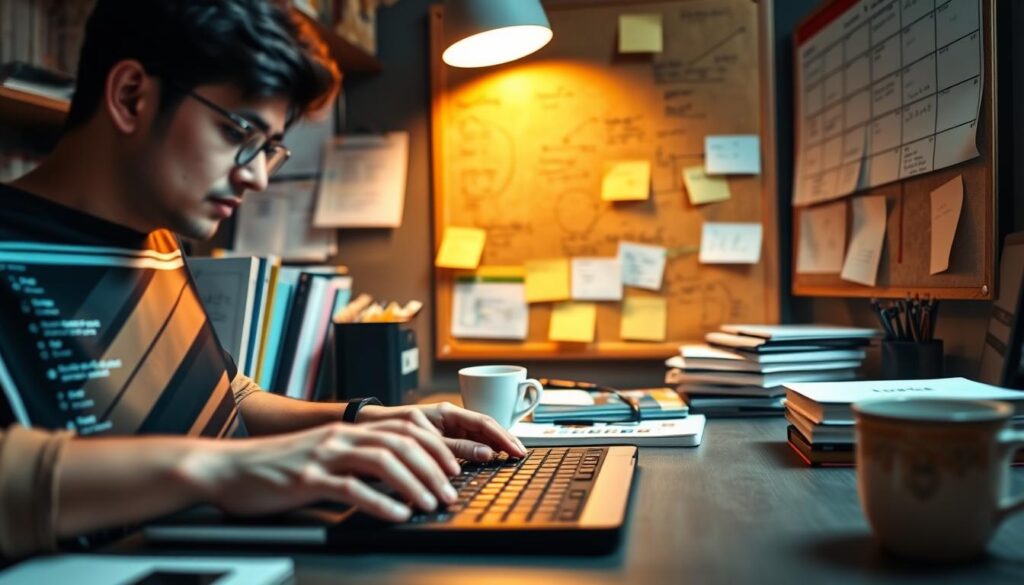 A meticulously arranged workspace with a laptop, coding books, and a cup of coffee, all illuminated by warm desk lighting. In the foreground, a developer's hands are diligently typing on the keyboard, their face focused and determined. The middle ground features a bulletin board with sticky notes, diagrams, and algorithms scrawled across it, showcasing the depth of preparation. The background subtly blurs, emphasizing the intense concentration required for coding interview preparation. The overall scene conveys a sense of dedication, problem-solving, and the relentless pursuit of technical mastery.