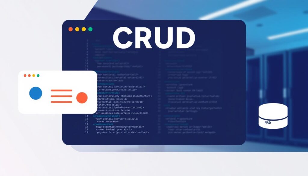 A modern, minimalist illustration depicting the four core CRUD (Create, Read, Update, Delete) database operations. In the foreground, a clean, abstract user interface with clear visualization of each operation using simple shapes and colors. The middle ground features clean, well-organized code snippets and data tables in a light, neutral tone. The background showcases a dimly lit, slightly blurred backdrop of a server room or data center, suggesting the technical infrastructure underlying the database functions. The overall mood is one of efficiency, precision, and technological sophistication, complementing the subject of the article.