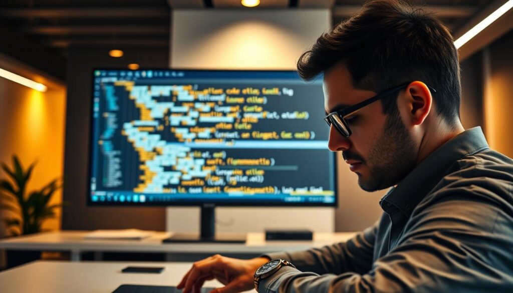 A modern office workspace, with a large flat-screen monitor displaying an interactive interface showcasing the integration of a large language model (LLM) into the software development process. In the foreground, a developer intently examines lines of code, their expression one of deep focus and concentration. The background features a sleek, minimalist design, with clean lines and a neutral color palette that creates a sense of sophistication and technological prowess. Warm, directional lighting casts a subtle glow, highlighting the developer's workspace and the LLM interface, creating a balanced and visually appealing composition that conveys the seamless collaboration between human and artificial intelligence in the realm of software development.