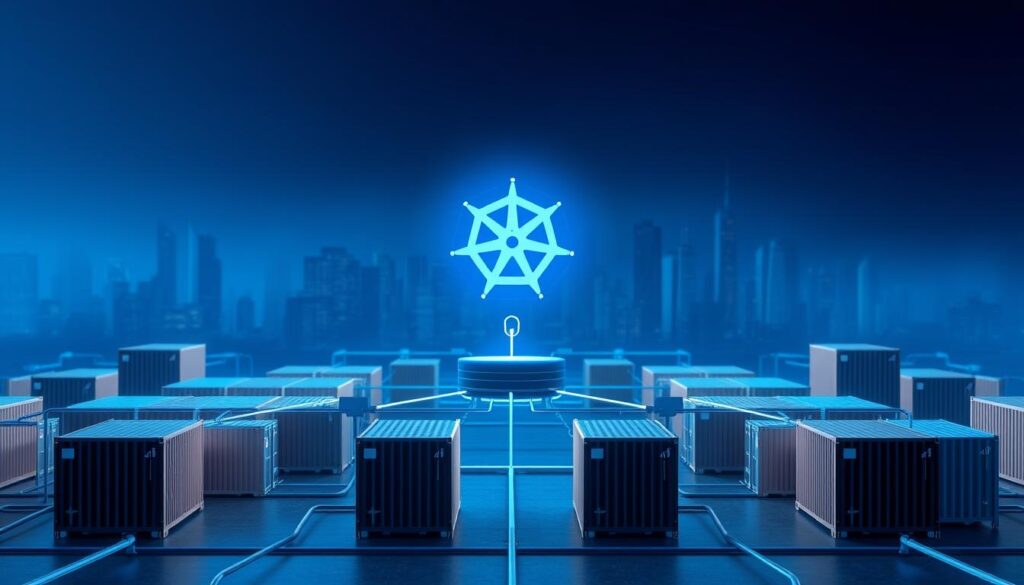 A modern software development landscape with a Kubernetes cluster at the center, surrounded by a dynamic CI/CD pipeline. In the foreground, a series of interconnected containers represent the various stages of the CI/CD process - from code commit, to automated testing, to containerized deployment. In the middle ground, the Kubernetes nodes and control plane elements are depicted with a sleek, tech-forward aesthetic, conveying the power and flexibility of the platform. The background features a stylized, gradient-filled skyline, symbolizing the boundless possibilities of cloud-native application development. The overall scene is bathed in a cool, bluish light, evoking a sense of efficiency, precision, and technological prowess.
