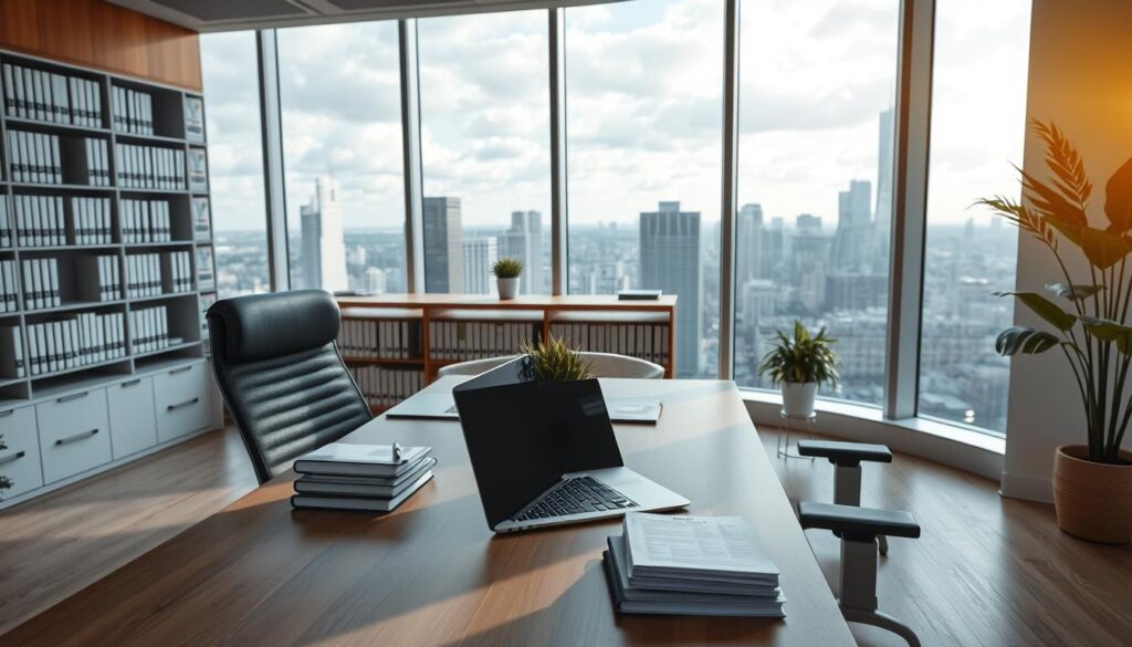 A modern, well-lit office interior with a large desk and ergonomic chair in the foreground. On the desk, a sleek laptop, a stack of professional-looking documents, and a potted plant. In the middle ground, a bookshelf filled with technical books and certification manuals. The background features floor-to-ceiling windows overlooking a bustling cityscape, conveying a sense of success and achievement. The overall mood is one of focus, productivity, and career-driven ambition.