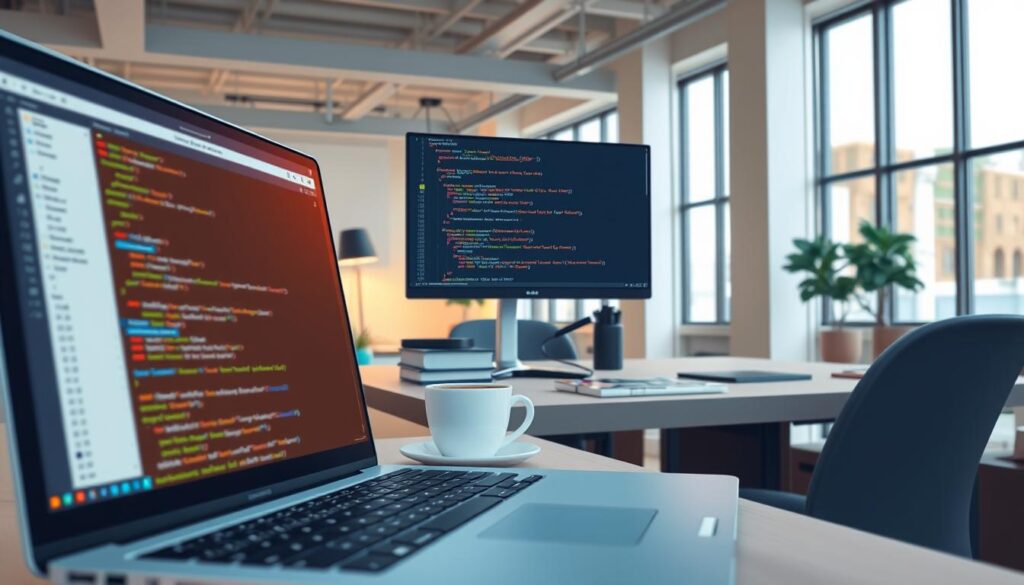 A realistic, detailed digital illustration of a full-stack web application development workflow using the MERN stack. The foreground shows a laptop screen displaying code editor windows with React, Express.js, and MongoDB configurations. In the middle ground, a developer types on a mechanical keyboard, surrounded by a tidy desk with an external monitor, a cup of coffee, and reference books. The background features a modern office interior with large windows, minimalist decor, and soft, warm lighting, creating a productive, focused atmosphere.