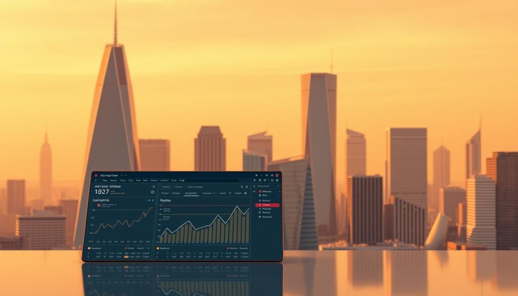 A sleek Angular application with a modern, clean interface, showcasing the power of enterprise-level Angular solutions. In the foreground, a complex data visualization dashboard with interactive charts and graphs, reflecting the robust data handling capabilities of Angular. In the middle ground, a multi-level menu system with smooth transitions, highlighting Angular's modular architecture and component-based design. In the background, a cityscape with towering skyscrapers, conveying the enterprise-grade nature of the application. The scene is bathed in a warm, golden hue, creating a sense of professionalism and reliability. The lighting is soft and diffused, with strategic shadows emphasizing the depth and dimensionality of the 3D elements. The camera angle is slightly elevated, providing an expansive, bird's-eye view of the Angular-powered enterprise solution.