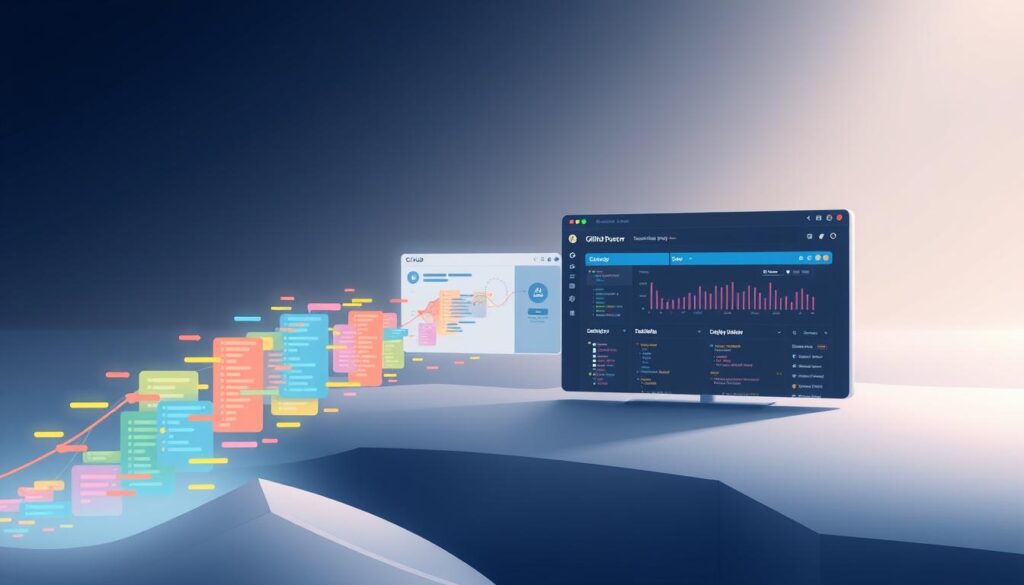 A sleek and modern GitHub CI/CD pipeline visualized in a digital illustration. In the foreground, colorful code modules flow seamlessly through an intuitive user interface, representing the continuous integration and deployment processes. The middle ground features a dynamic dashboard displaying real-time build status, test results, and deployment progress, all against a backdrop of a minimalist, high-tech landscape. Soft, directional lighting illuminates the scene, creating a sense of depth and emphasizing the smooth, efficient flow of the pipeline. The overall mood is one of professionalism, productivity, and the power of automation, perfectly capturing the "Pros of GitHub Actions for CI/CD" in a visually compelling way.