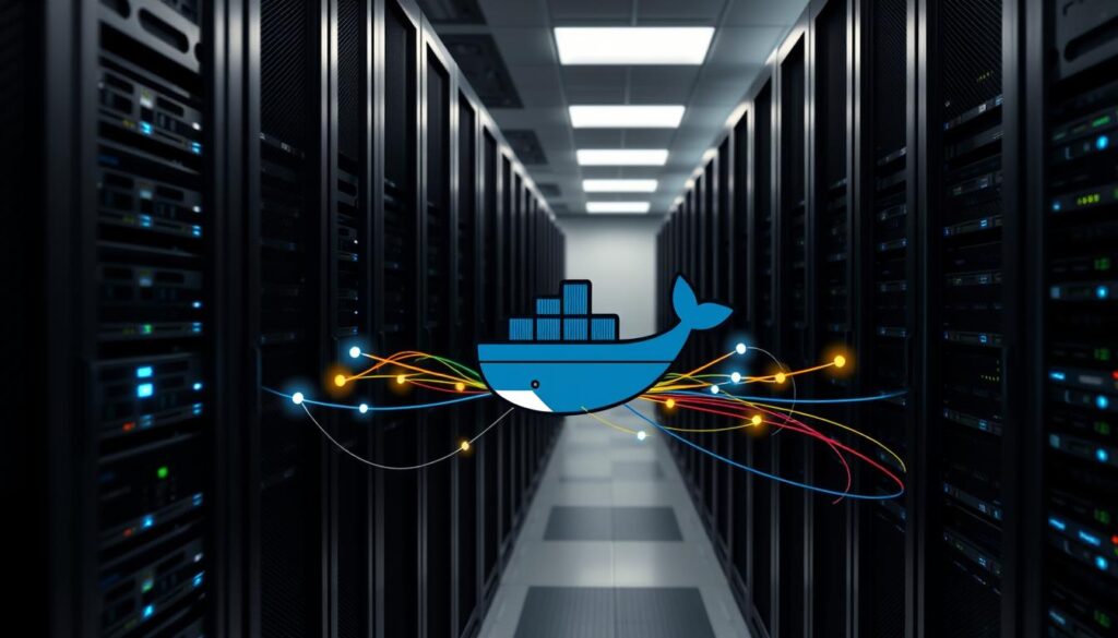 A sleek data center backdrop, with racks of servers and networking equipment in the foreground. In the center, a Docker container orchestration system is prominently displayed, with colorful network connections flowing between containers. The lighting is crisp and technical, with sharp shadows and highlights enhancing the industrial aesthetic. The overall composition emphasizes the complexity and interconnectivity of Docker networking, inviting the viewer to explore the intricacies of this vital DevOps technology.