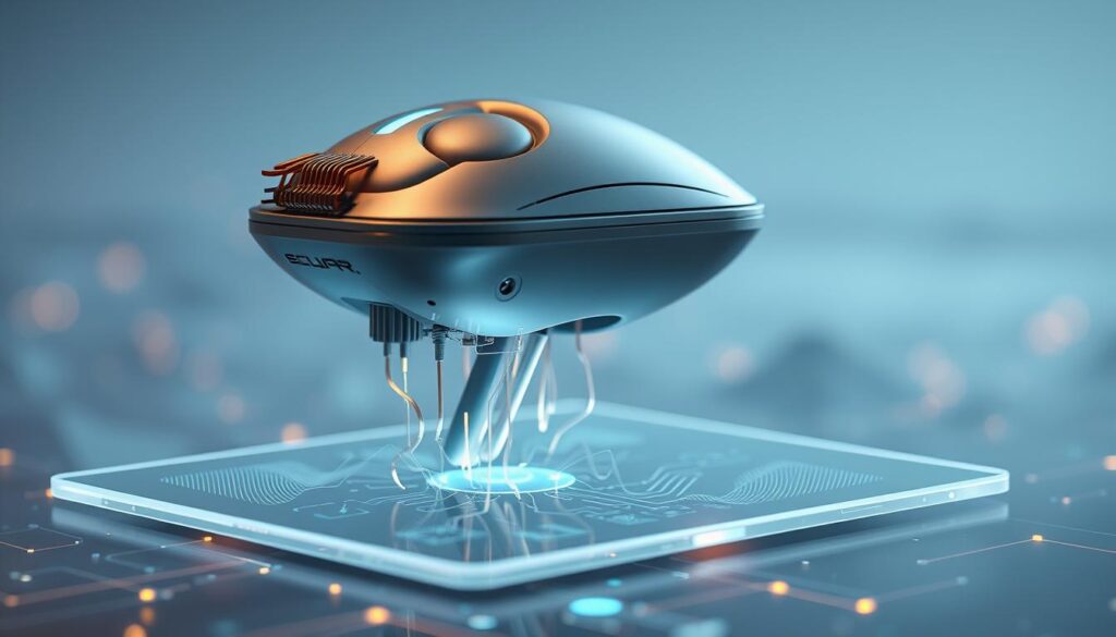 A sleek, futuristic brain-computer interface device, its smooth metallic casing adorned with intricate circuitry. Electrodes delicately protrude, ready to interface with the user's neural impulses. The device hovers atop a translucent display, showcasing real-time visualizations of the brain's activity. Soft, ambient lighting bathes the scene, creating a serene, contemplative atmosphere, inviting the viewer to imagine the possibilities of mind-controlled technology. The composition is well-balanced, drawing the eye to the central device, while the background fades into a subtle, high-tech landscape, hinting at the integration of this revolutionary interface with the modern world.