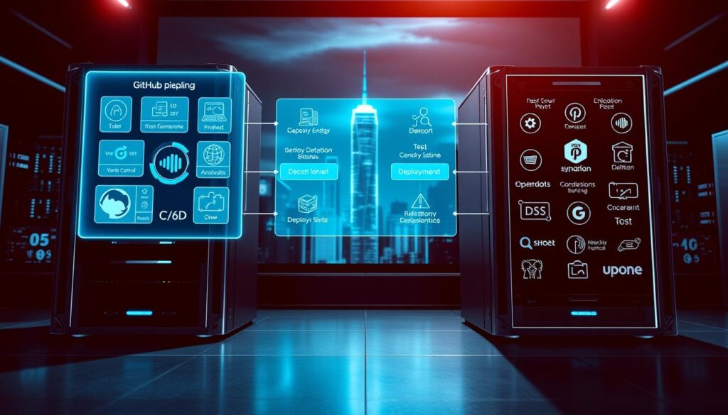 A sleek, high-tech comparison of GitHub's CI/CD pipeline against competing solutions. In the foreground, a pair of server racks, one adorned with the GitHub logo, the other with various brand icons. In the middle ground, holographic diagrams illustrate the workflow automation, version control, and deployment features of each platform, rendered in a cool, blue-tinted color scheme. The background depicts a gleaming, futuristic cityscape, hinting at the scale and power of enterprise-level DevOps. Dramatic lighting casts sharp shadows, emphasizing the technical prowess and cutting-edge nature of the subject matter. The overall mood is one of innovation, efficiency, and the seamless integration of development and operations.