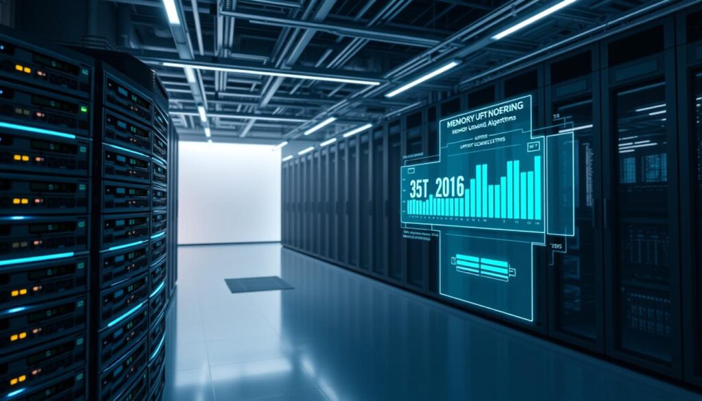 A sleek, minimalist data center with a focus on memory optimization. In the foreground, a stack of server racks with a futuristic, iridescent glow. The middle ground features a holographic display showcasing memory usage metrics and optimization algorithms. In the background, a panoramic view of the data center's intricate cooling system and power infrastructure. Crisp, directional lighting illuminates the scene, creating a sense of technological elegance and efficiency. The overall atmosphere evokes a harmonious balance between hardware and software, reflecting the core principles of memory management optimization.