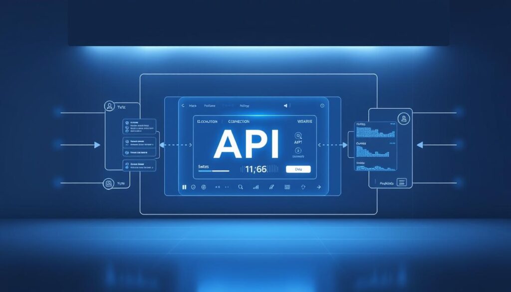 A sleek, modern API integration interface showcasing the seamless exchange of data between a web application and a backend server. A clean, minimalist layout with a prominent central panel displaying API connection status, data transfer metrics, and interactive controls. Subtle holographic overlays and digital wireframe elements add a futuristic, technology-driven atmosphere. Soft, indirect lighting creates depth and highlights the elegant, high-contrast design. The overall aesthetic conveys professionalism, efficiency, and the power of integrated systems.