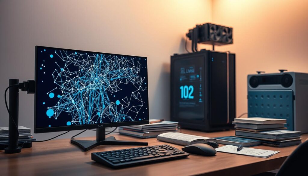 A sleek, modern workspace with an array of cutting-edge LLM tools for developers. In the foreground, a high-resolution screen displays a complex neural network visualization, its intricate layers and connections pulsing with energy. Beside it, a keyboard and mouse await, ready for rapid prototyping and iterative refinement. The middle ground features a collection of reference materials, including well-worn programming manuals and technical journals, hinting at the depth of knowledge required to harness the power of these transformative AI models. In the background, a minimalist setup with a powerful workstation, its cooling fans whirring softly, sets the stage for uninterrupted, focused development. Indirect lighting casts a warm, productive glow, creating an atmosphere of innovation and exploration.