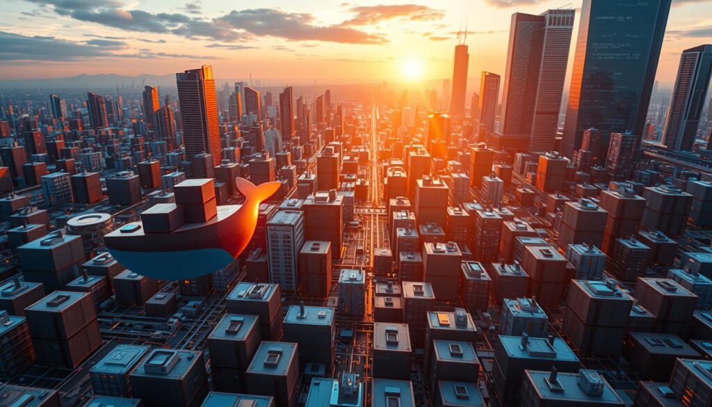 A sprawling cityscape of futuristic microservices containers, interconnected through sleek networks. In the foreground, Docker logos hover like holographic beacons, their metallic surfaces gleaming under the warm glow of a setting sun. The middle ground features a mesh of colorful module icons, each representing a distinct service, all synchronized in a ballet of data exchange. In the distance, towering skyscrapers with clean lines and sharp angles rise, their facades adorned with intricate circuit patterns, symbolizing the intricacy of the underlying infrastructure. The scene radiates a sense of technological prowess, efficiency, and the power of modularity, capturing the essence of implementing a microservices architecture with Docker.
