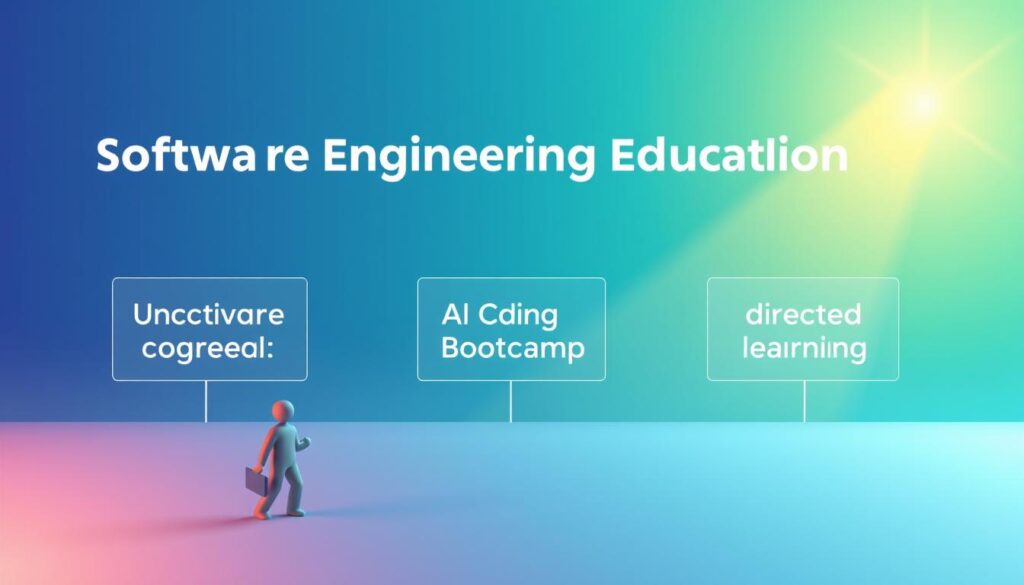 A vibrant infographic showcasing three distinct pathways to software engineering education: a university degree, a coding bootcamp, and self-directed learning. In the foreground, three icons representing each path stand proud, inviting the viewer to explore. The middle ground features a sleek, minimalist layout with clean lines and geometric shapes, hinting at the technical nature of the subject matter. In the background, a serene gradient of blues and greens creates a calming, contemplative atmosphere, reflecting the careful consideration required when choosing an educational route. Subtle lighting from the top-right casts a warm, professional glow over the entire scene, highlighting the gravity of the decision at hand. Rendered in a crisp, high-resolution format to ensure clarity and detail.