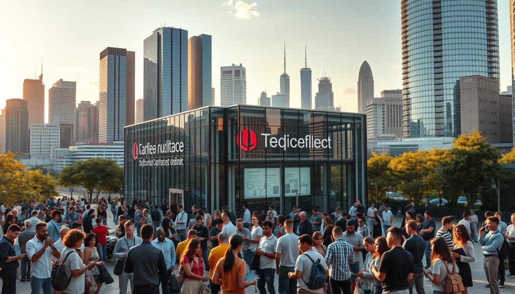 A vibrant urban landscape with a bustling community gathering around a state-of-the-art digital hub. In the foreground, a diverse group of people actively engaged with laptops, tablets, and smartphones, collaborating on complex software projects. The middle ground showcases a modern, glass-enclosed building with sleek, minimalist architecture, adorned with strategically placed signage and branding, reflecting the cutting-edge nature of the technological advancements within. In the background, a skyline of towering skyscrapers and iconic landmarks, bathed in warm, golden sunlight, creating a sense of progress and innovation. The scene radiates an atmosphere of creativity, productivity, and the real-world impact of advanced web development skills.