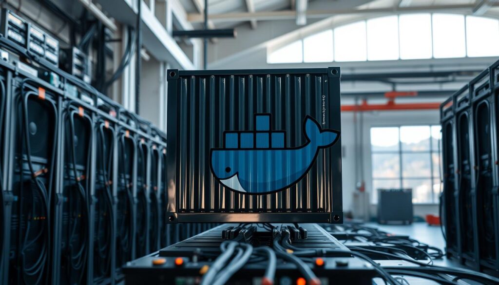 A well-lit industrial setting with a prominent central focus on a Docker container, surrounded by a semi-blurred array of servers, cables, and computer hardware in the foreground. The container has a glossy, metallic finish, casting reflections on the surrounding surfaces. The background features a clean, minimalist architectural design with large windows letting in natural light, creating a sense of space and openness. The overall mood is one of efficiency, precision, and technological sophistication, reflecting the capabilities of Docker for modern software development.