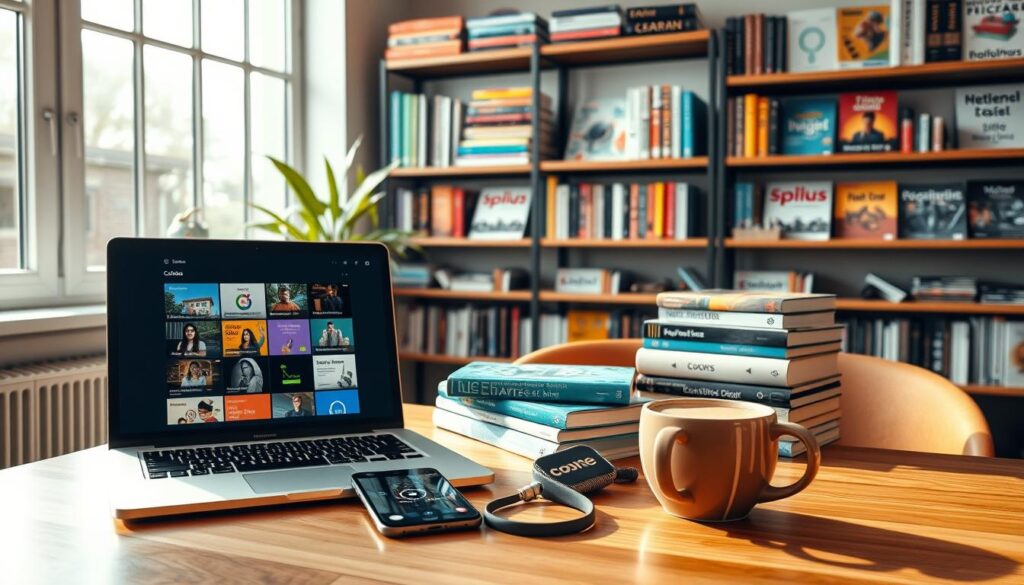 A well-lit workspace showcasing an array of digital learning platforms. In the foreground, a laptop displays a sleek, modern interface with various online course icons. On the desk, a tablet and smartphone are placed, each highlighting educational apps and video lectures. The middle ground features a stack of books, a pair of ergonomic headphones, and a cozy mug of steaming coffee, creating an atmosphere of focused productivity. In the background, shelves are adorned with colorful coding manuals, technical journals, and inspirational design magazines, reflecting the diverse resources available for weekend learning. Warm, natural lighting filters through large windows, casting a soft glow over the scene and conveying a sense of comfort and intellectual curiosity.