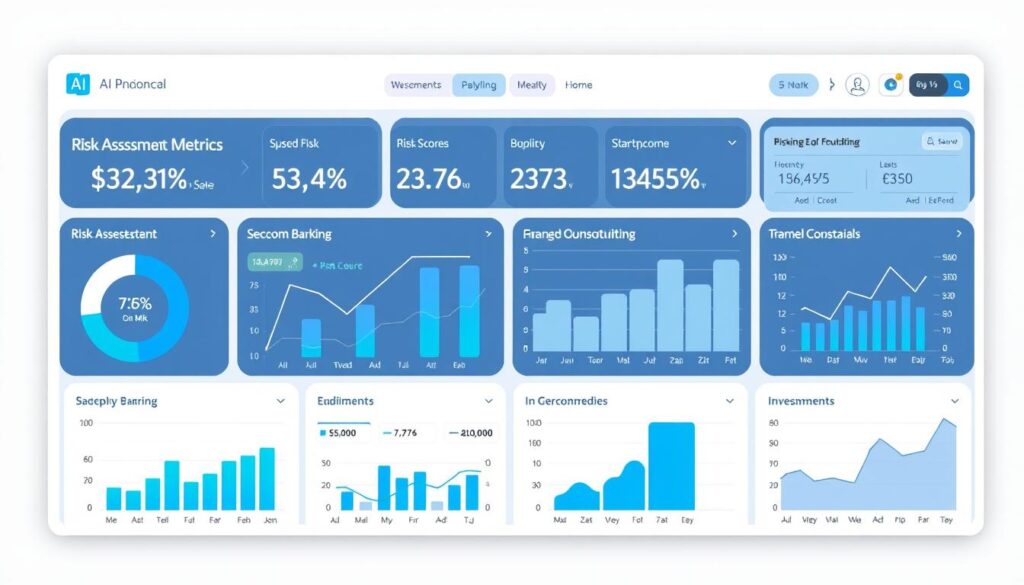 AI financial analysis dashboard showing risk assessment metrics and personalized banking recommendations AI financial analysis dashboard showing risk assessment metrics and personalized banking recommendations
