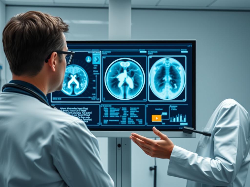 AI-powered diagnostic system analyzing medical imaging with overlaid data visualization in a modern healthcare setting AI-powered diagnostic system analyzing medical imaging with overlaid data visualization in a modern healthcare setting