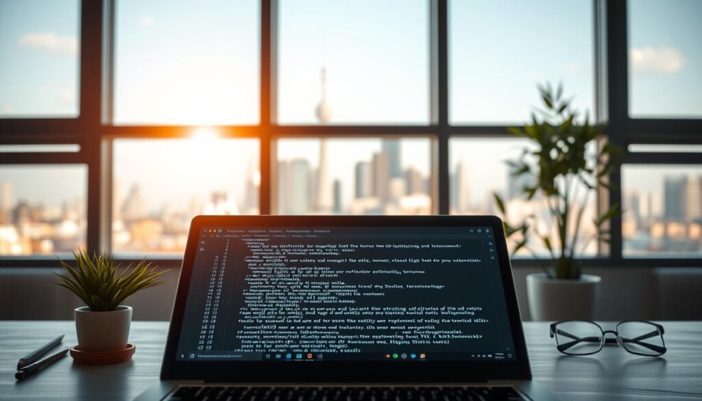 An aspirational and modern office space with an expansive window view, illuminated by natural light. In the foreground, a laptop displays a clean, semantic HTML code structure, with tags and attributes clearly visible on the screen. The mid-ground features a potted plant, a pencil, and a pair of eyeglasses, symbolizing the intersection of web development and user-centric design. The background showcases a vibrant city skyline, representing the global reach and visibility of a well-structured, SEO-optimized website. The overall atmosphere is one of productivity, innovation, and a commitment to crafting high-performing, accessible digital experiences.