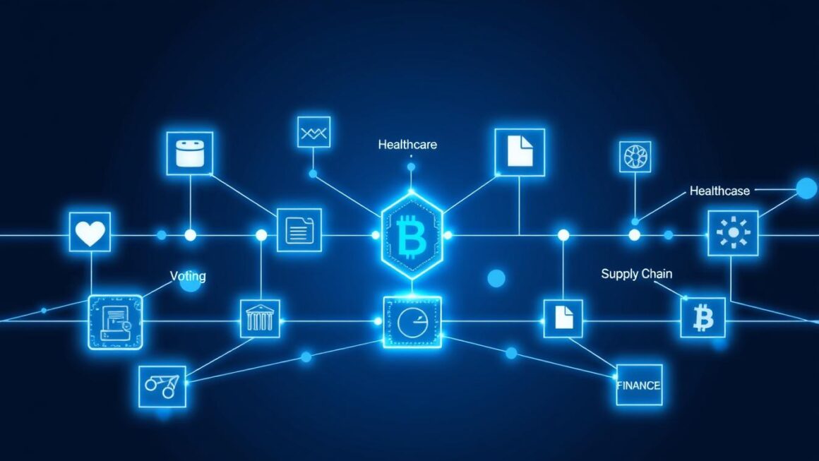 Blockchain Beyond Crypto visualization showing connected blocks representing various industries