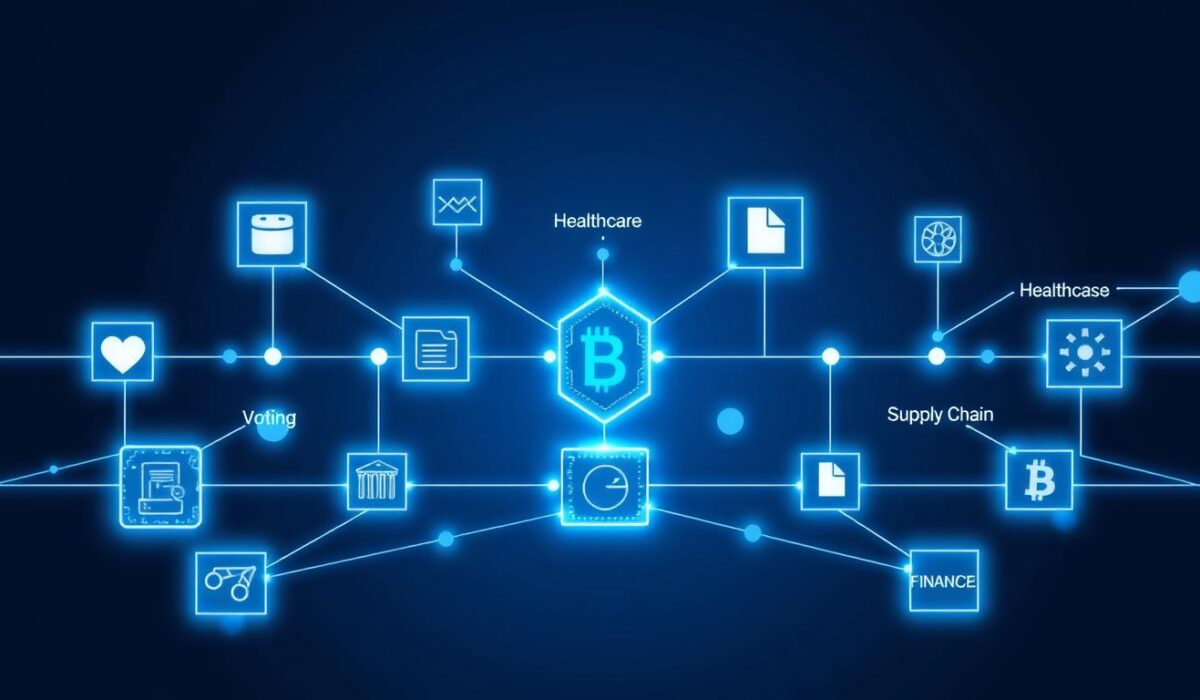 Blockchain Beyond Crypto visualization showing connected blocks representing various industries