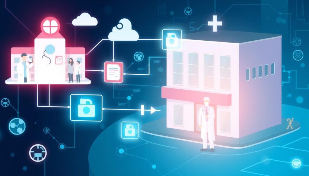 Blockchain in healthcare showing secure medical records system Blockchain in healthcare showing secure medical records system