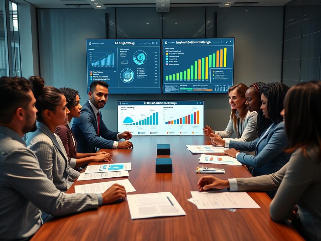 Business team discussing AI implementation challenges and success factors in a modern conference room Business team discussing AI implementation challenges and success factors in a modern conference room