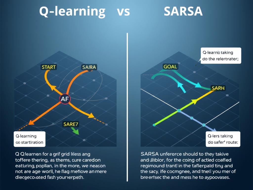 Comparison of Q-learning and SARSA algorithms showing different learning paths Comparison of Q-learning and SARSA algorithms showing different learning paths