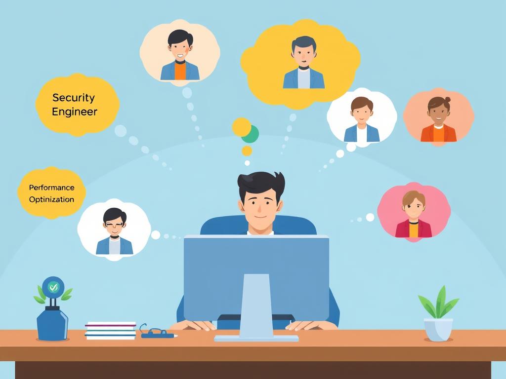 Developer assigning different expert roles to AI for various programming tasks Developer assigning different expert roles to AI for various programming tasks