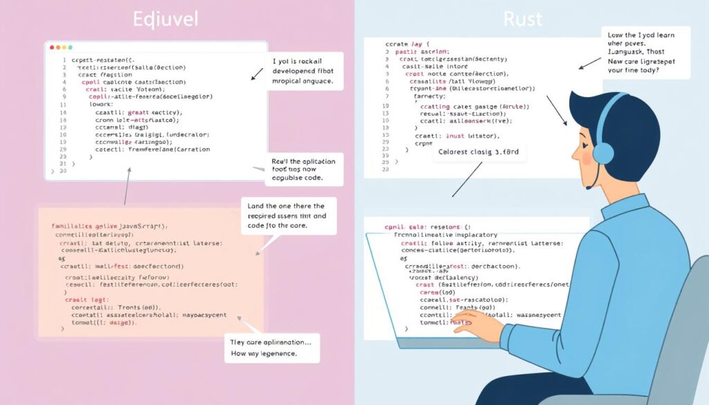 Developer learning a new programming language with AI assistance showing equivalent code in familiar and new languages Developer learning a new programming language with AI assistance showing equivalent code in familiar and new languages