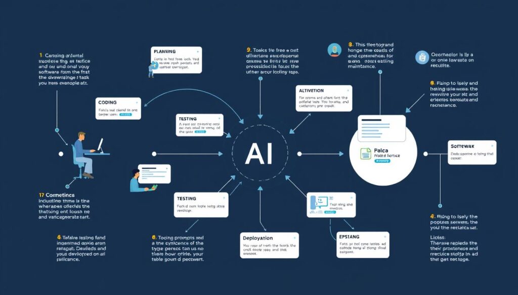 Developer using AI throughout the software development lifecycle from planning to maintenance Developer using AI throughout the software development lifecycle from planning to maintenance